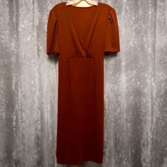 NWOT Women’s Plus A Line V Neck Short Sleeved Stretch Knit Dress Size XXL Brown - Picture 1 of 5